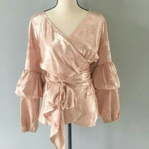 WAYF Nude Blush Silk Wrap Blouse NWT